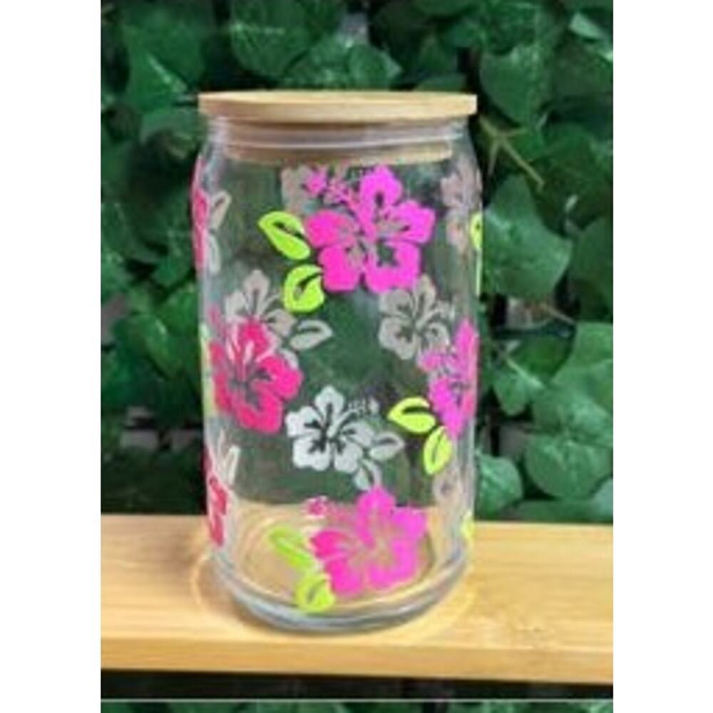 Hibiscus Flower Color Changing Glass Can with Bamboo Lid and Glass Straw 16oz